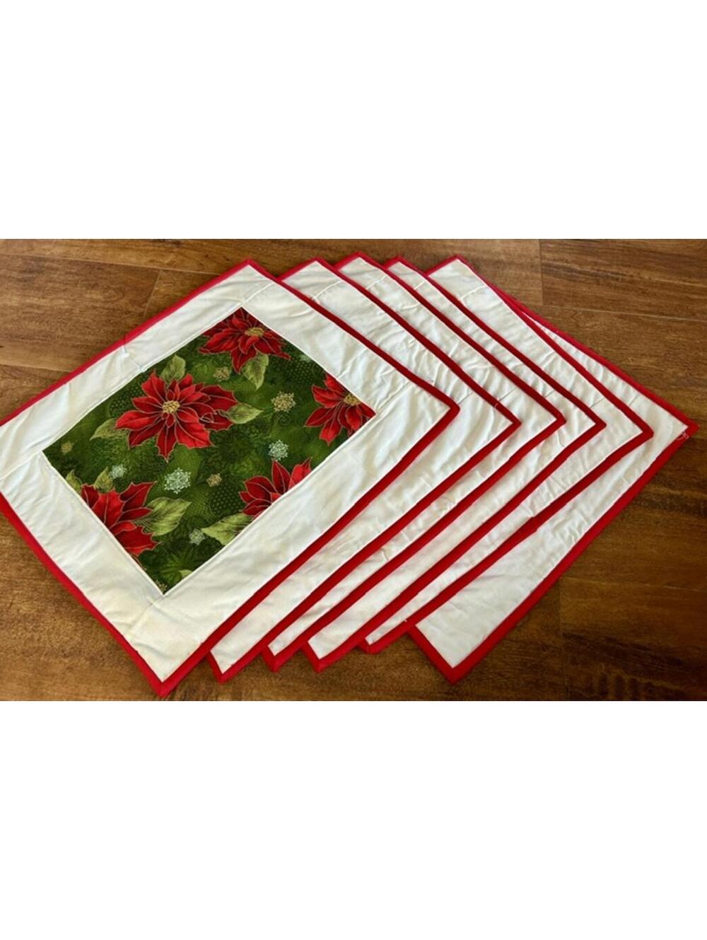 Set of 6 Handmade Christmas Poinsettia Quilted Placemats
